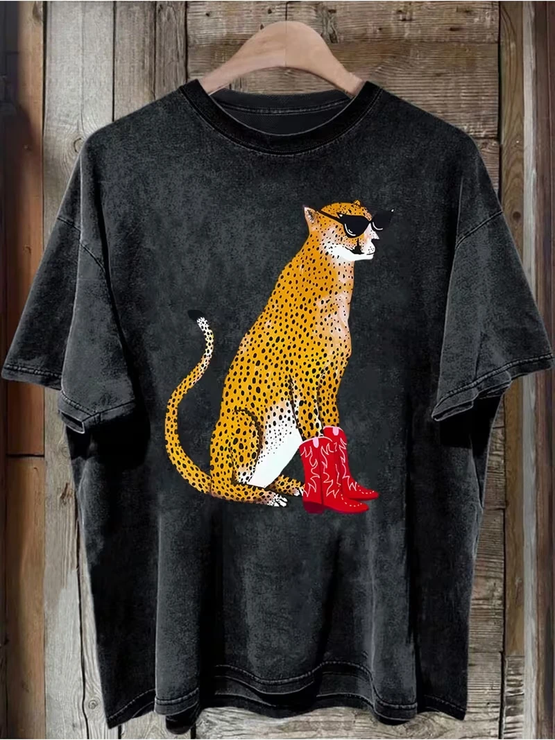 Modna Koszulka Vintage Retro Cartoon Leopard Męska Damska Sprana T-shirt Meme Y2k Streetwear Bawełniana Oversize Unisex Letnia