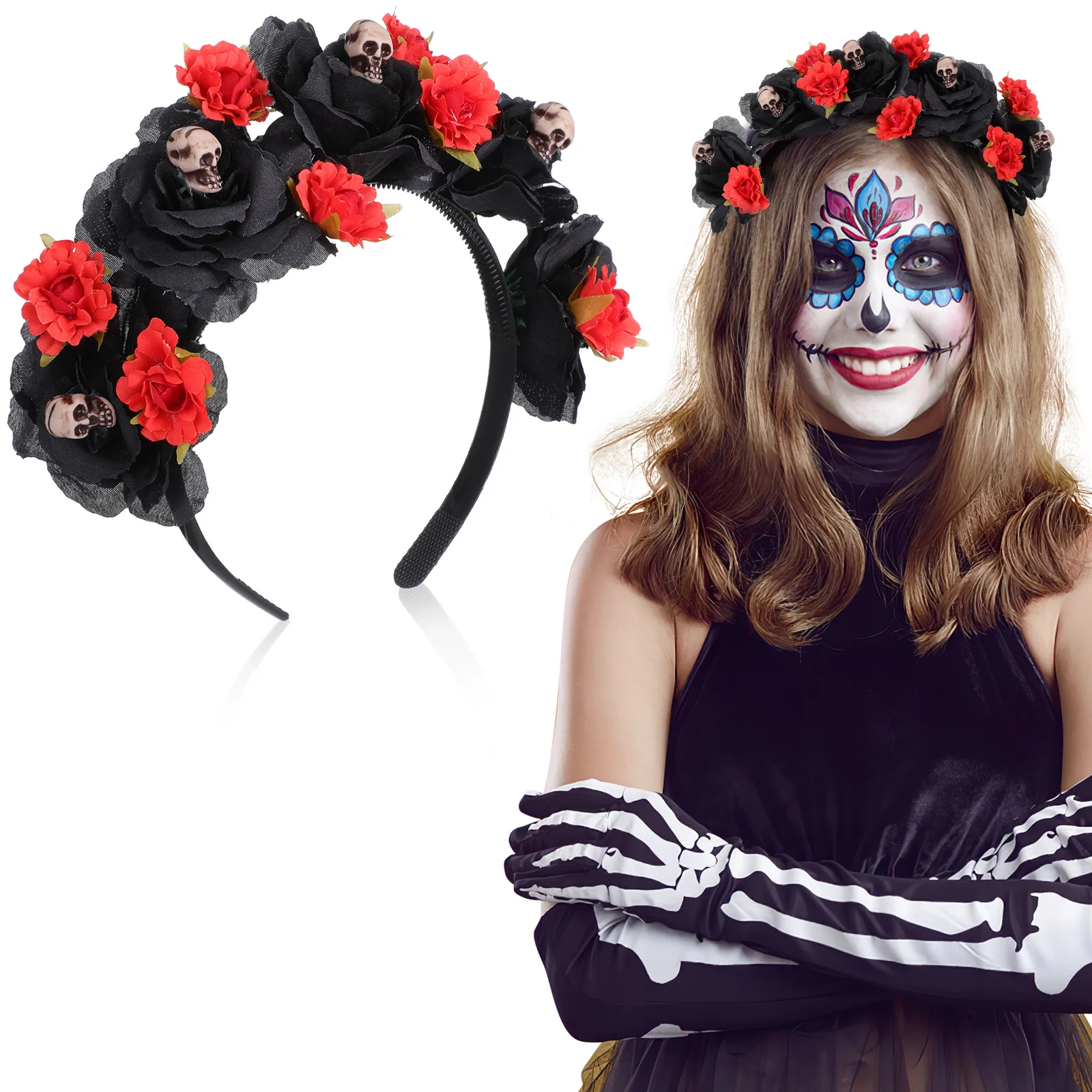 

Halloween Flower Skull Headdress Women Floral Headband for Costume Party Cosplay Masquerade Halloween Skull Flower Headwear