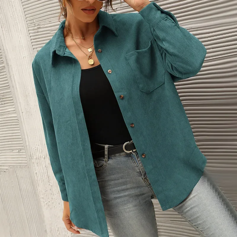 Women Corduroy Shirts Solid Color Autumn Winter Turn-down Collar Blouses Long Sleeve Button Up Tops Female Casual Loose Shirt