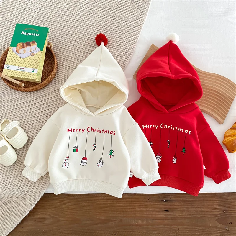 

New Year Infant Baby Girls Boys Clothing Set Christmas Toddler Baby Boys Girl Clothes Suit Hooded Plush Pullover Cartoon Print