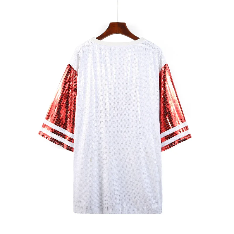 Summer New High Quality Streetwear Sequins Stripe Letter Short Sleeve T-Shirt Hip Hop Round Neck Straight Loose Women' Wears