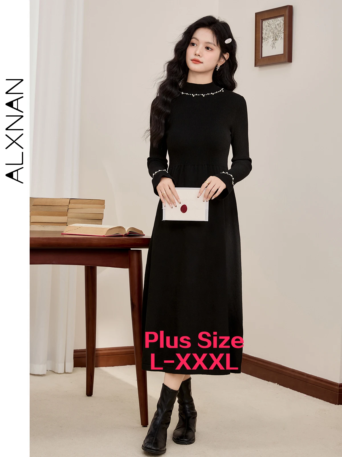 

ALXNAN Plus Size Black Long Dresses 2025 New Spring Long Sleeve Dress Round Neck Temperament Elegant Slim Knitted Skirt D08205