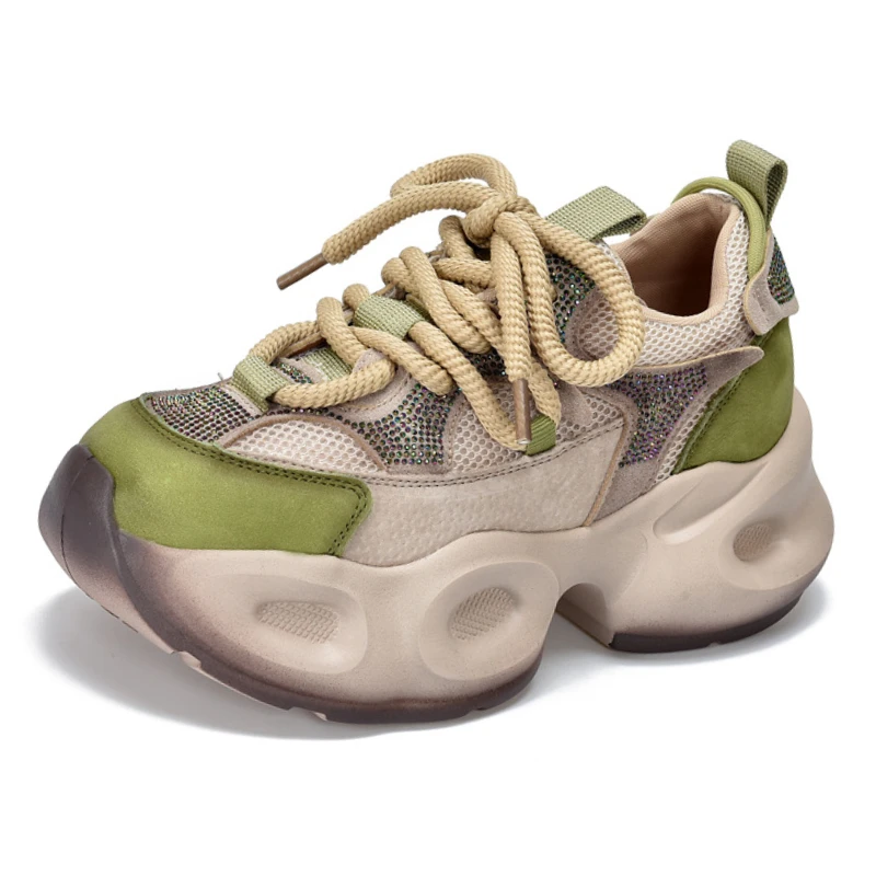 

Koznoy 6cm 2025 Air Mesh Genuine Leather Summer Bling Mixed Color Fashion Ankle Boots Hollow Chunky Sneaker Women Comfy Shoes