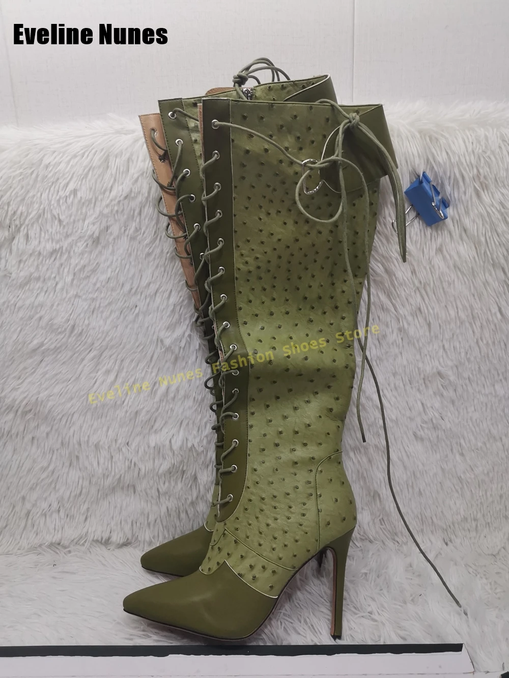 Leopard Cross Tied Patchwork Knee-High Boots Pointed Thin Heels Zipper Closure Sexy Runway Show Modern Booties Spicy Girl Newest