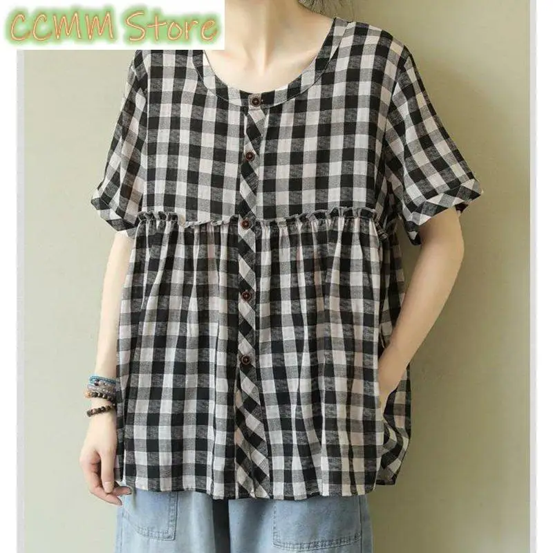 Fashion O-Neck Button Loose Spliced Ruffles Plaid Shirts Women Clothing Summer New Oversized Casual Tops All-match Blouses