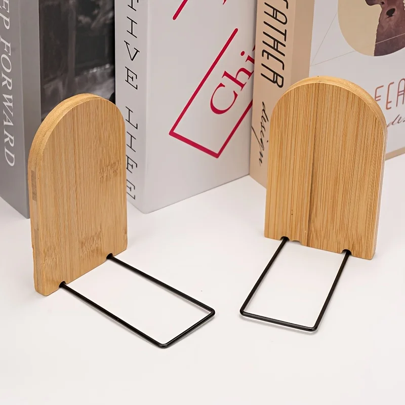 Wooden Bookends For Bookshelf Bamboo Book Ends Heavy Duty Non Slip Holder Desk Organizer Office Desktop Storage view 6
