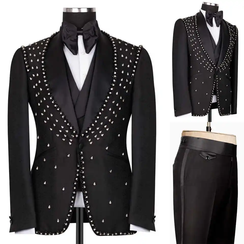 Customized Black Beads Mens Wedding Tuxedos Shawl Lapel Crystal Groom Wear Business Party Birthday  Jacket Pants Suits 2 Pieces