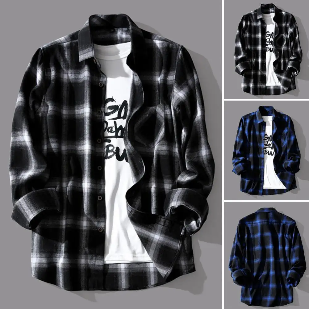 Men Spring Shirt Plaid Print Long Sleeves Men Coat Turn-down Collar Lapel Single-breasted Autumn Coat For Daily Wear