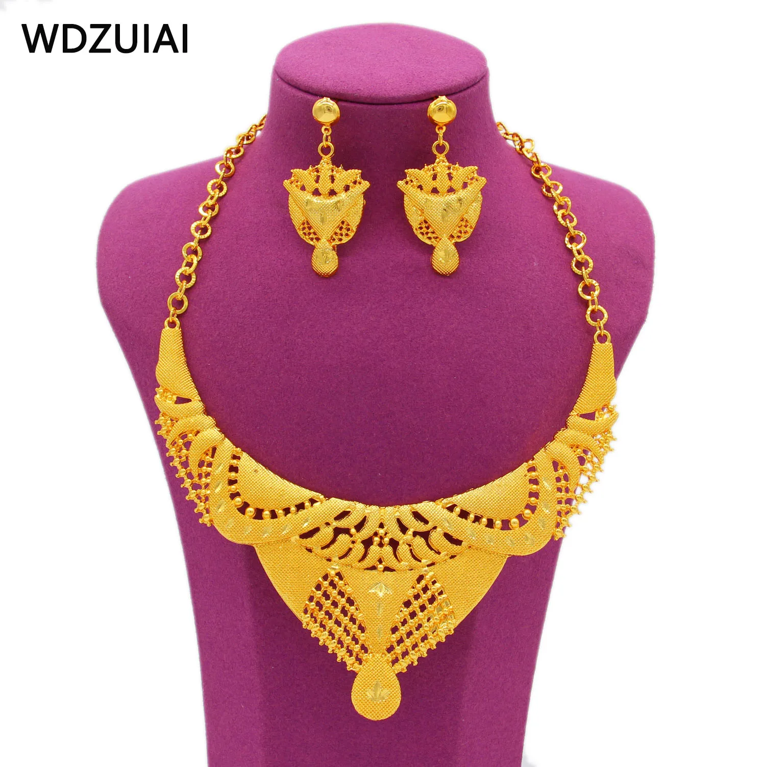 WDZUIAI New Luxury Necklace&Earrings Jewelry Set Bright Gold Color Dubai African Middle East Women Bridal Wedding Charm Jewelry