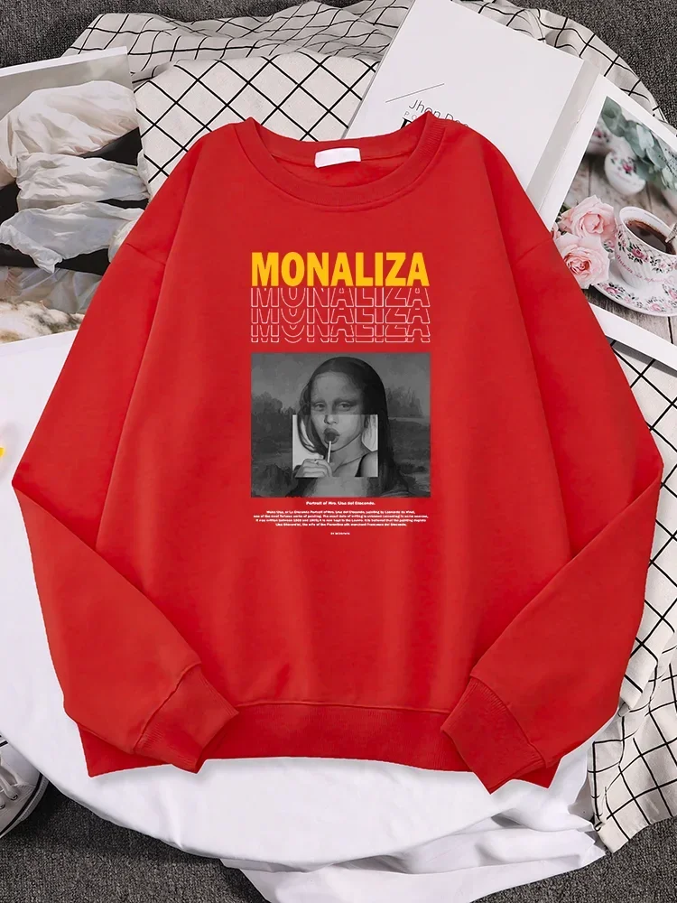 

Women Hoody Crewneck Comfortable Hoodies Loose Soft Tops Woman Modern Monaliza Eat Lollipop Creativity Splicing Prints