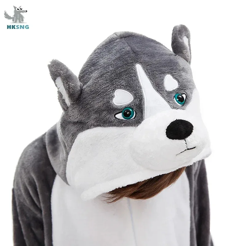 

Kigurumi Flannel 3D Grey Adult Huskie Dog Onesie Cartoon Pajama Animal Husky Halloween Party Costume Jumpsuits Hooded Pyjamas