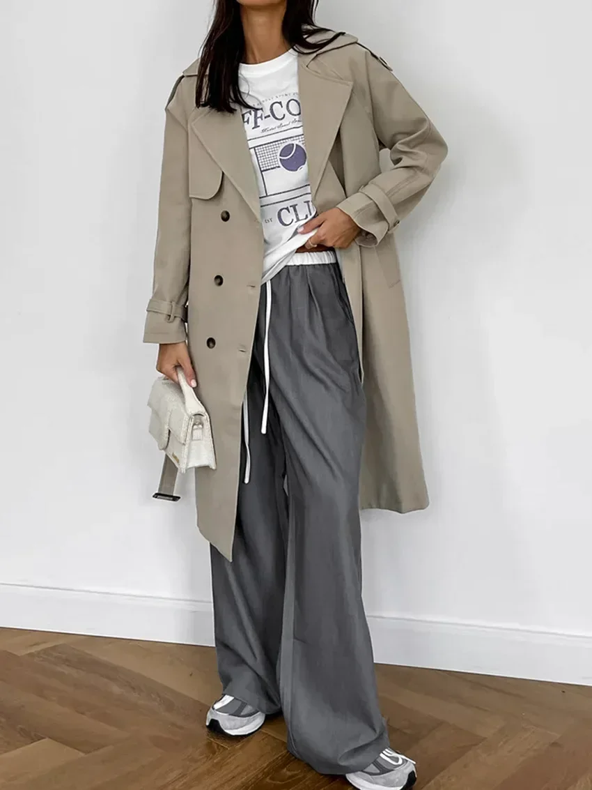 Gray Pleated Patchwork Drawstring Pants Summer 2024 High Waist Floor-Length Baggy Trousers Office Ladies Khaki Pants