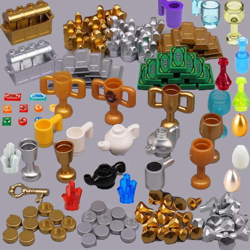 

Строительные блоки сцены персонажей, аксессуары, сокровище, доллар, серебряная руда, алмазная коробка, бокал для вина, цепочка для ключей, чайник, игрушка в подарок, кирпич