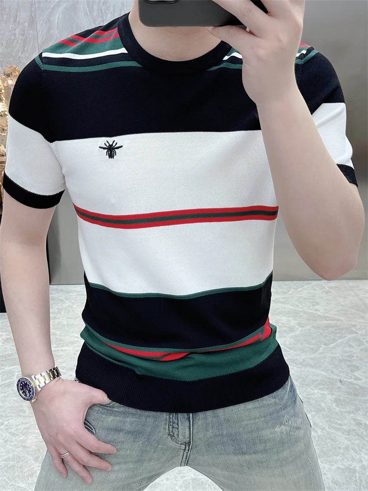 Contrasting Color Splicing Striped Short Sleeve Tshirt Men O-Neck T-shirt Men Clothing Summer T Shirt Casual Tops Tees For Men