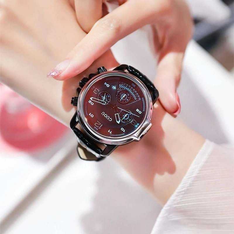 

MirrorFinish ColorChanging Leather Strap Watch For Women Large DialStylish Steel Band, Calendar Function, Also Suitable For Men.