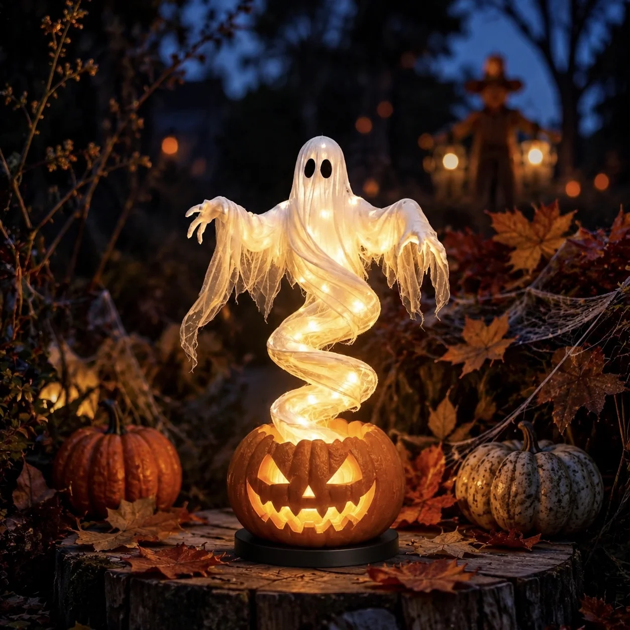 Rotating Ghost Pumpkin Lamp Waterproof for Halloween Yard Decor Battery LED Spinning Lantern Outdoor Garden Ornament Durable