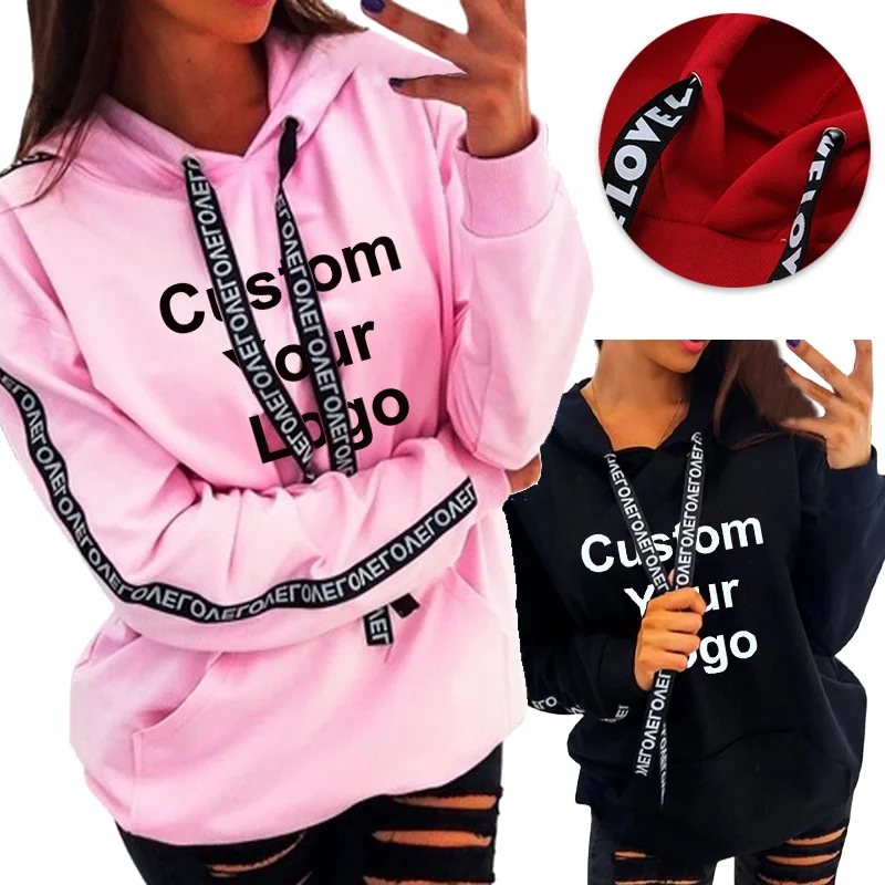 Spring and Autumn Fashion Women Custom Your Logo Drawstring Hoodie Sweatshirt Women Loose Casual Blouse