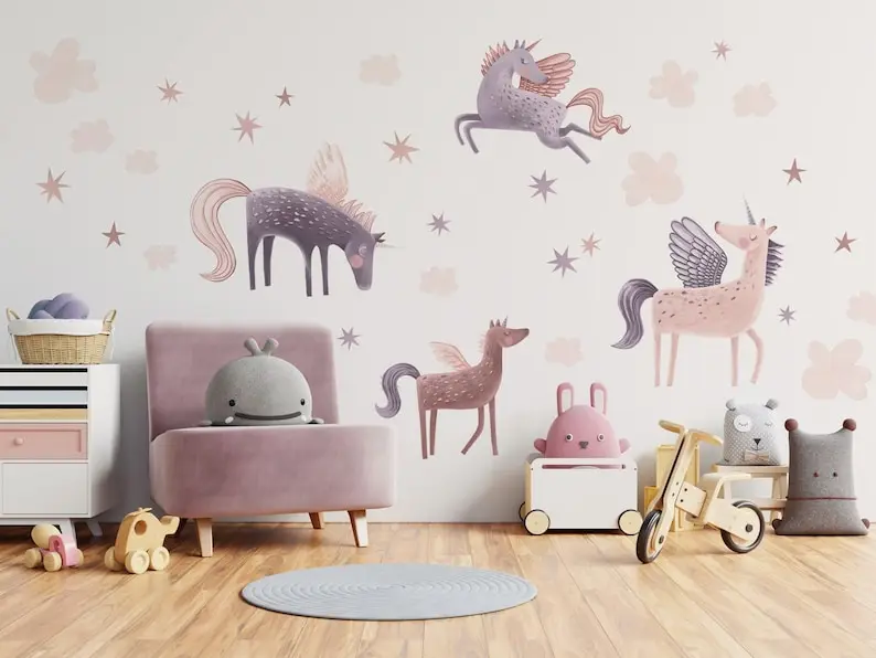 PEGASUS Unicorns wall decal / Girls Nursery / Peel and Stick / Girl's room decoration / Nursery Decal / Sticker for a girl