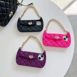Rhombus Grids Moon Metal Chain Handbag For iPhone 14 Pro Max 13 Case Stylish Rhomboid Wallet Bag Card Silicone Cover With Strap