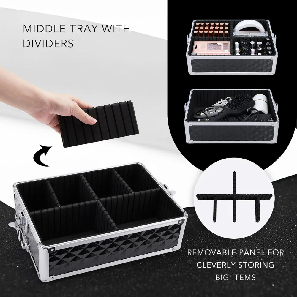 Professional 3-in-1 Rolling Makeup Train Case with Large Storage, Swivel Wheels, and Lockable Keys for Salon and Barber Use