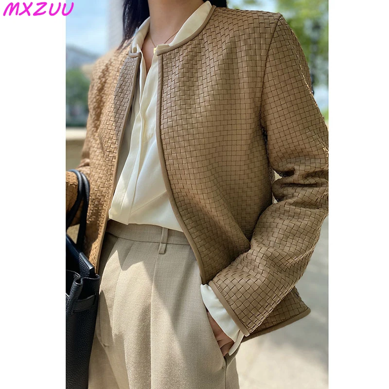 Imagem -02 - Jaqueta de Couro Genuíno Feminino Cardigã com o Pescoço Cabolsa Xadrez Tecido à Mão Pele de Carneiro Vintage Elegante Outono Outwear 2023