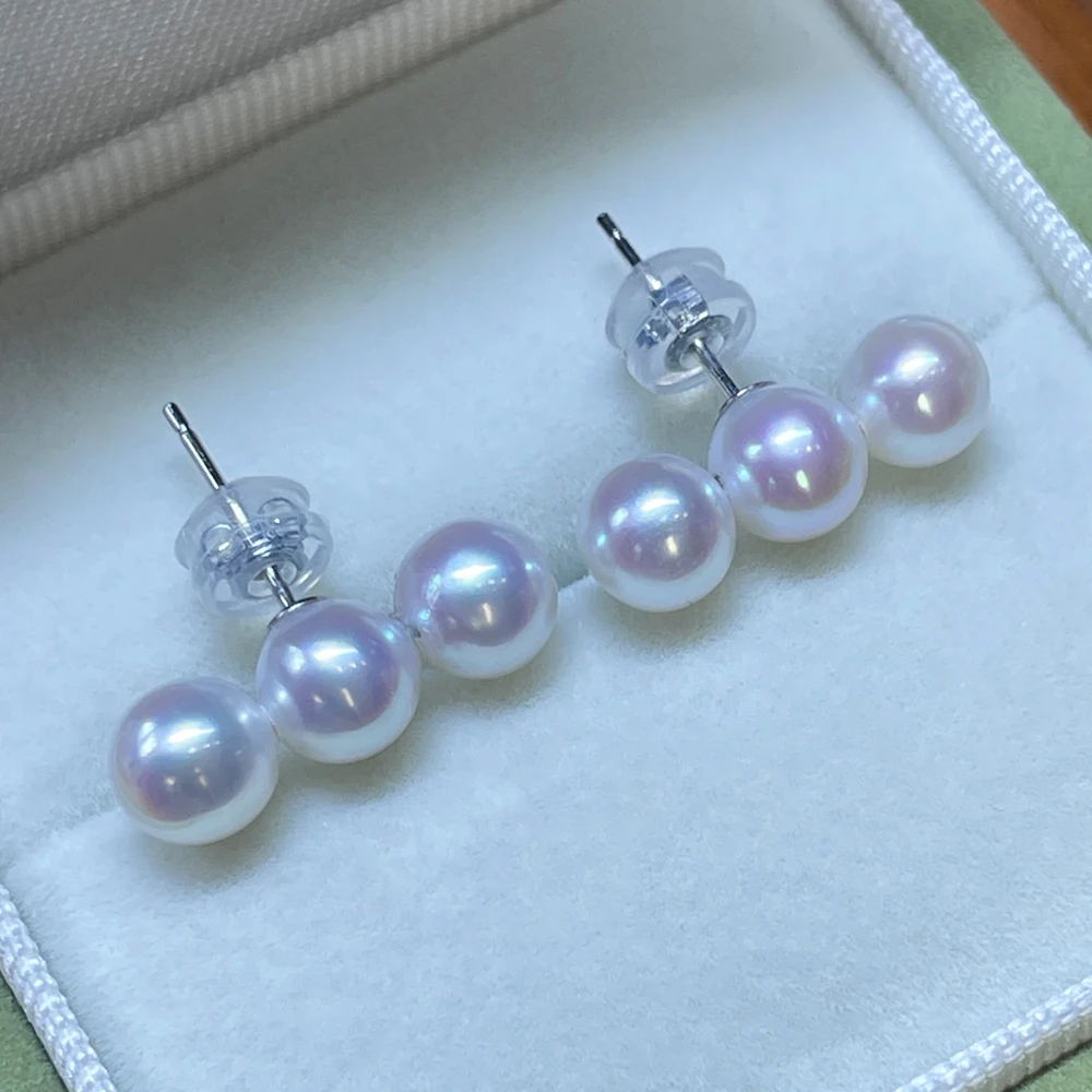 6-7mm Nearly Flawless Three Freshwater Akoya Pearl Balance Beam Ear Studs with Light Bulb Luster S925 Silver Plain Stud Earrings