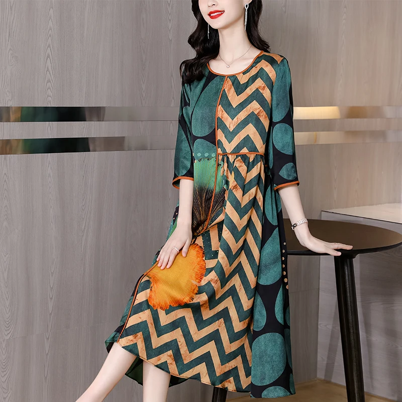 Spring Summer Print Natural Silk Midi Dress Women Korean Vintage Casual Loose Waist Dress 2024 New Elegant Bodycon Party Dress