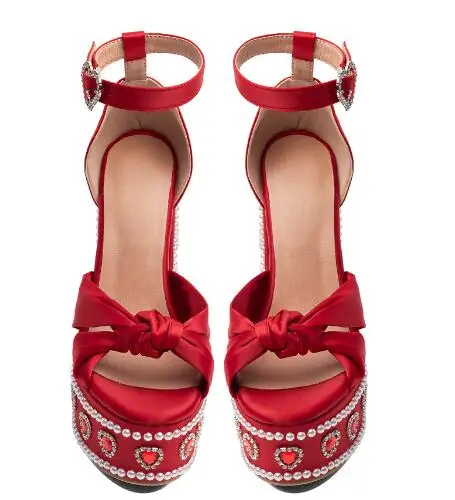 Women Red Satin Platform Block Heel Sandals Open Toe Bow Knot Ankle Strap Sandals Heart Rhinestone Pearl Chunky Heels Sandals - view 3