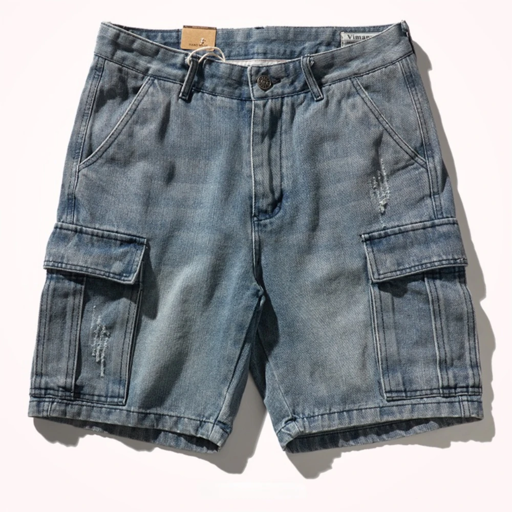 Shorts for denim men\'s tooling, cat\'s whiskers, straight pants, old retro pants, versatile multi-bag pants.