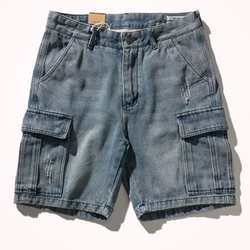 Shorts for denim men's tooling, cat's whiskers, straight pants, old retro pants, versatile multi-bag pants.