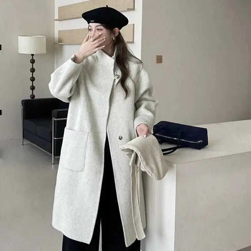 FANAN Two-tone Knitted Hat Detachable Stand Collar Double-breasted Women's Double-faced Woolen Coat Autumn Winter Overcoat