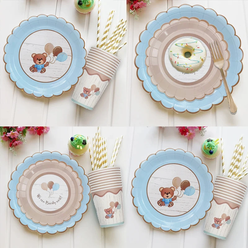 10 Guests Cute Bear Teddy  Disposable Tableware Baby Shower Boy Girl Blue Napkin Plate Cup We Can Bearly Wait Baby Babyshower