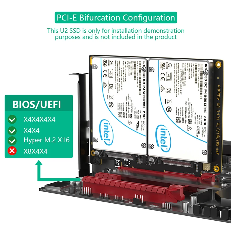 Adaptador Dual U.2 SSD a PCIE 4,0 X8, tarjeta de expansión U2 SFF-8639 a PCI Express 8X, placa base PCIe bifurcación VROC para Soft RAID