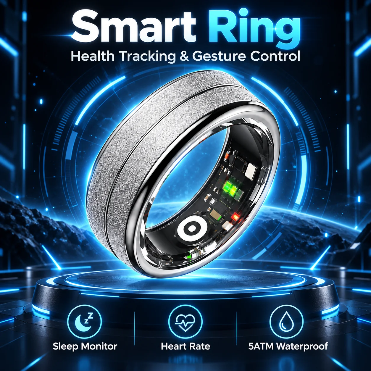 Smart Ring Fitness Tracker with Sleep Heart Rate SpO2 Monitor, Gesture Control, 5ATM Waterproof, QRing App