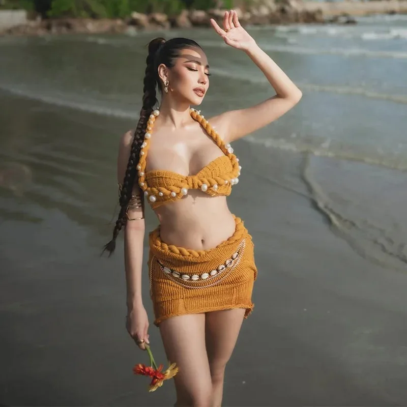 

New Pearl Hand Woven Hanging Neck Sleeveless Top and Skirt Sexy Beading Halter Bikini Mini Skirt Sets Women Crochet Crop Top