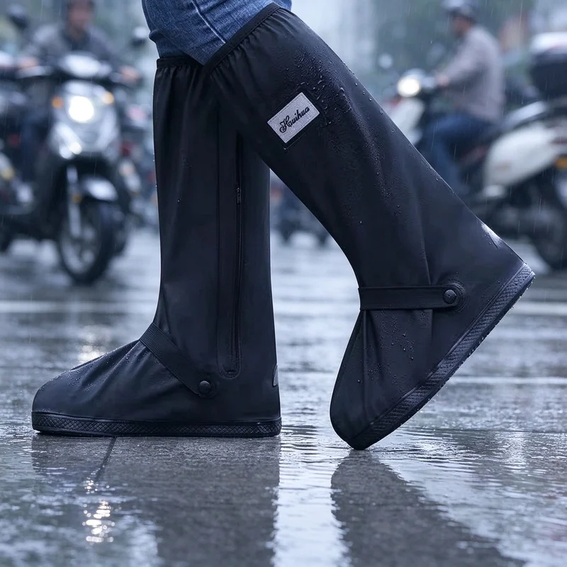 Reflective High Ankle Rain Shoe Covers Reusable Waterproof Anti-Slip Shoe Protector for Bike Motorcycle Commuting