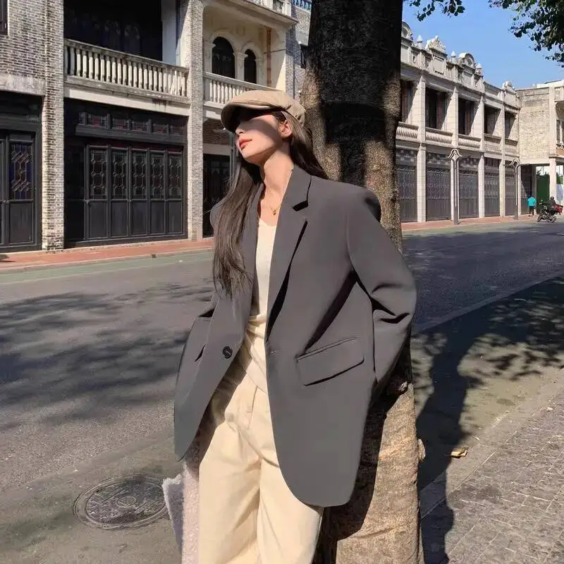 Grey Long-sleeved Blazer Jacket Women 2025 Autumn Chic Single Button Notched Collar Outwear Ladies Korean Loose Office Suit Coat