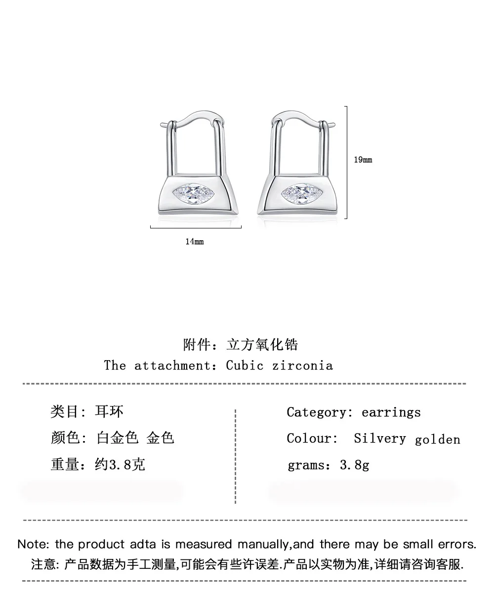 Piercing Earring Matte Golden Ball Zircon Irregular Geometric Lock Vintage Jewelry Stamp 925 Sterling Silver Earrings for Women