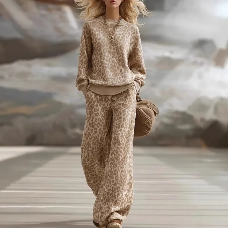 Damski komplet sportowy w stylu vintage z nadrukiem panterki, luźny, casualowy, nowość 2026, bluza z okrągłym dekoltem i szerokie spodnie, zestaw dwuczęściowy w stylu vintage.