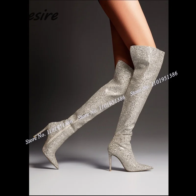 

Abesire New Bling Bling Siide Zipper Boots Over the Knee Pointed Toe Solid Stiletto Shoes for Women High Heel Zapatillas Mujer