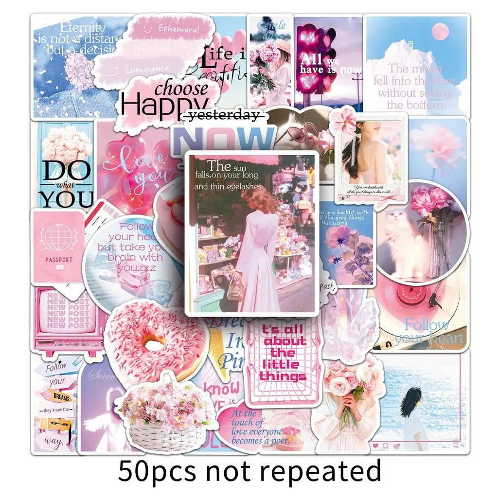 สติกเกอร์สไตล์ INS สีชมพู 50 ชิ้น - สติกเกอร์สร้างสรรค์เหมือนจริงสำหรับตกแต่งกีตาร์ คอมพิวเตอร์ และลำโพง ร้าน RecordingYourLife