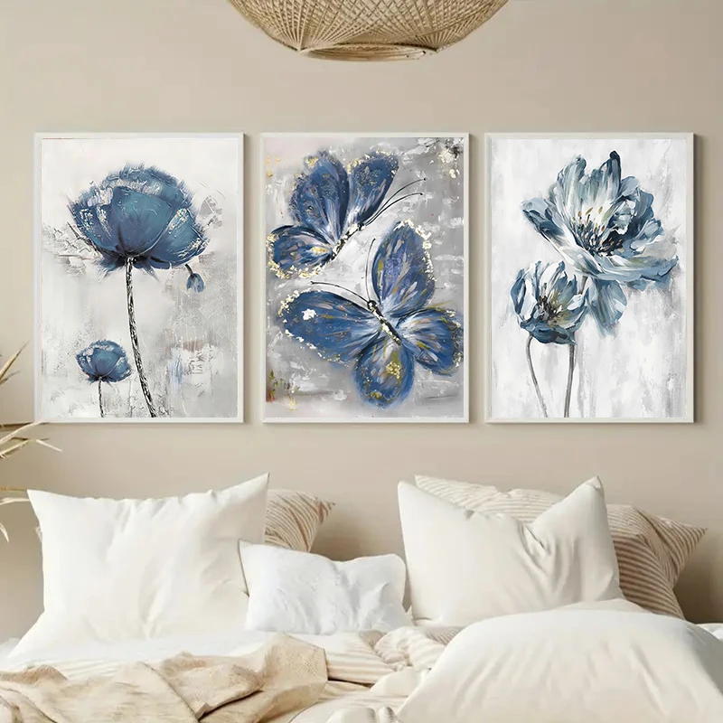 3Pcs/Set Abstract Blue Plant Flower Butterfly Art Wall Print Canvas Poster Picture Wall Decoration Modern Living Room Home Decor
