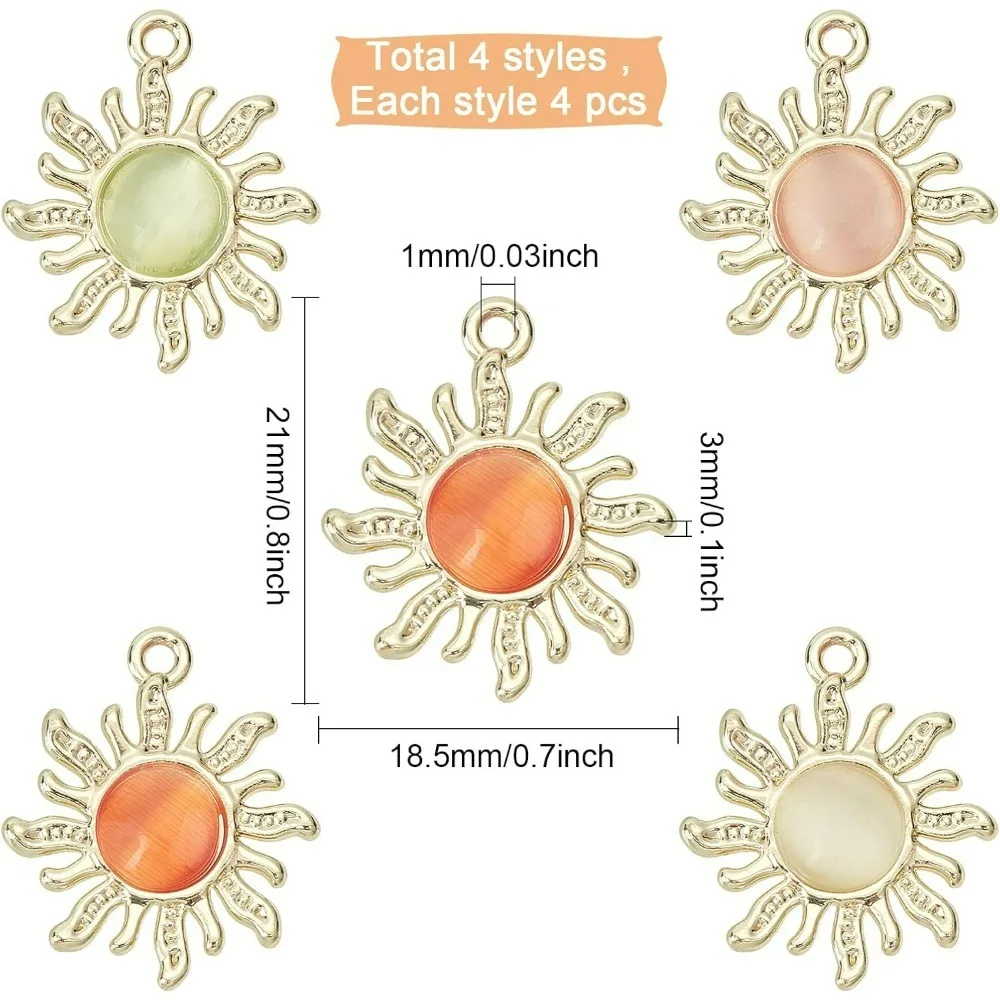 1 Box 16Pcs 4 Colors Sunflower Charms Sun Pendant Charm Colorful Glass Cabochons Half Round Beads Alloy Gold Plated Flatback