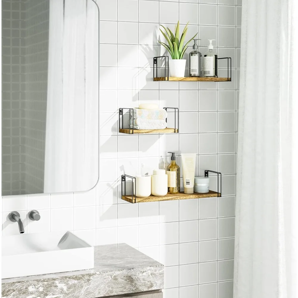 أرفف عائمة ريفية، أرفف معلقة مجموعة تثبيت على الحائط مكونة من 3 قطع، أرفف خشبية مقاس 17 بوصة للديكور وغرفة النوم والحمام وغرفة الغسيل، #3