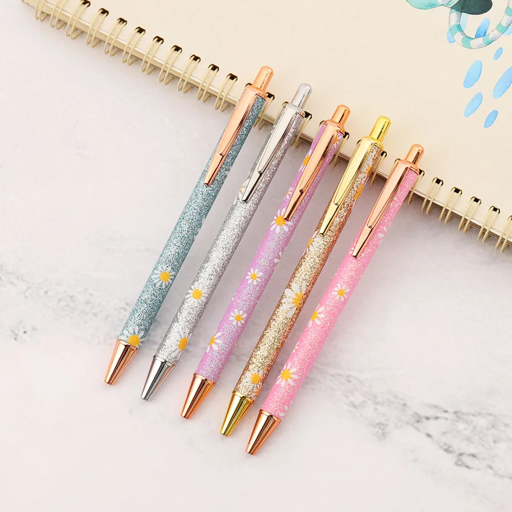 Lytwtw's mignon Daisy presse stylo à bille de luxe Kawaii métal papeterie fournitures de bureau scolaire 5 pièces