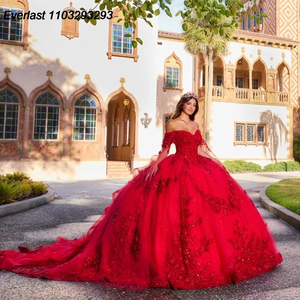 EVLAST Glitter Red Quinceanera Dress Ball Gown 3D Floral Applique perline con Cape Mexico Sweet 16 Vestido 15 De aecos TQD212