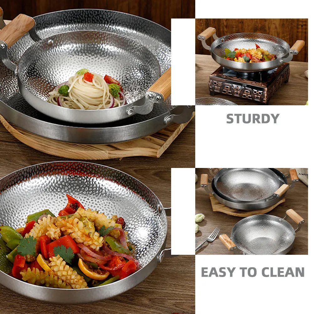 Stainless Steel Cooking Pan Wood Handle Heat Resistant Double Handle Dry Pot Soup Pan Kitchen Metal Cooking Pot Non Stick Easy