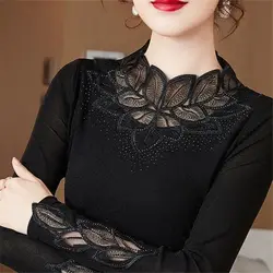 M-4XL Lace Bottoming Shirt Spring Autumn New Fashion Mesh Long-sleeved Stretch T-shirt Top