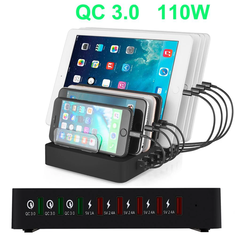 Multi USB Charger Station HUB 110W 8 Ports QC 3.0 Fast Quickly Decktop Charging Stand For Iphone 15 14 Samsung iPad Carregador