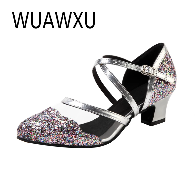 WUAWXU zapatos de baile latino para mujer, zapatos de baile estándar nacional, zapatos de baile cuadrados para fiesta, tela flash en blanco y negro,